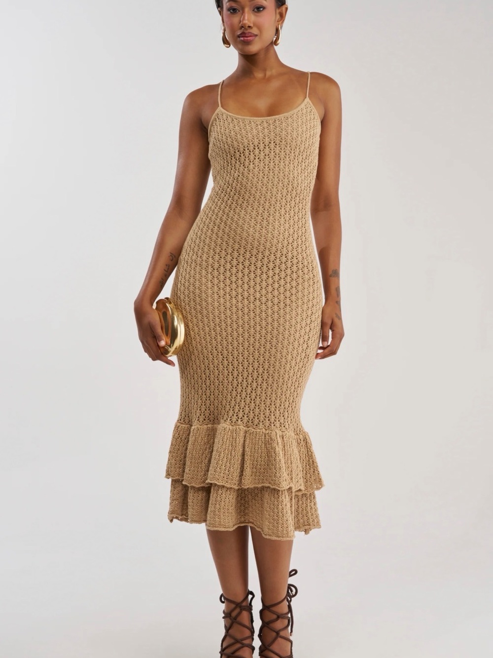 AKIRA Beige Crochet Ruffle-Hem Midi Dress